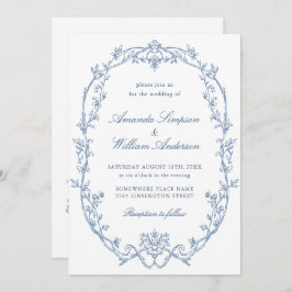 Victoriaans  Bloemen Stoffig Blauw QR code Trouwen Kaart