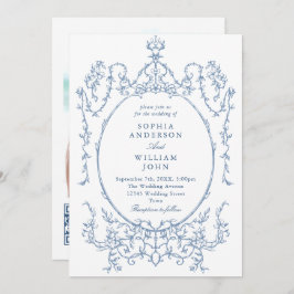 Victoriaans  Bloemen Stoffig Blauw QR code Trouwen Kaart