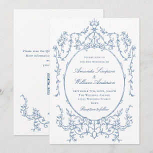 Victoriaans Bloemen Stoffig Blauw QR code Trouwen Kaart