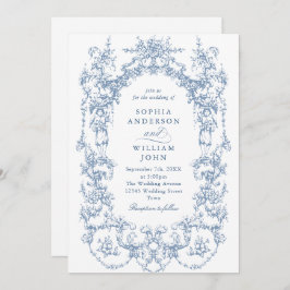 Victoriaans  Bloemen Stoffig Blauw QR code Trouwen Kaart