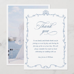 Victoriaans  Bloemen Stoffig Blauw Trouwfoto Bedankkaart