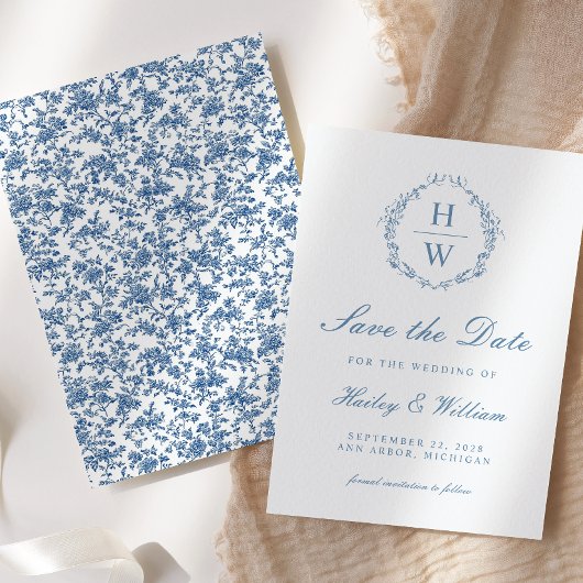 Victoriaans Bloemen Toile Blue Wedding Save the Da Save The Date