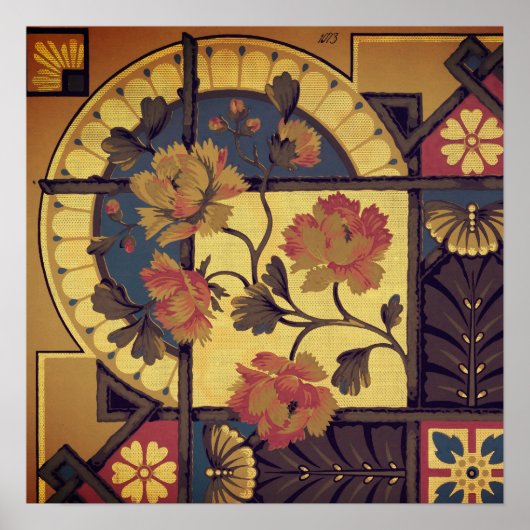 Victoriaans bloemsierkunst en ambachten rood blauw poster (Voorkant)