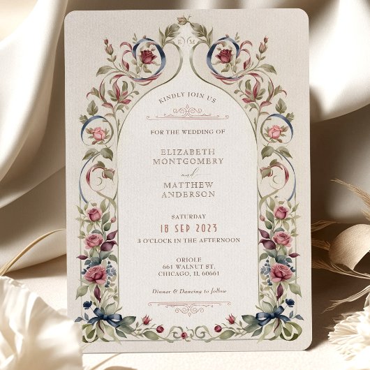 Victoriaans Bourgogne Navy Blue bruiloft uitnodigi Kaart