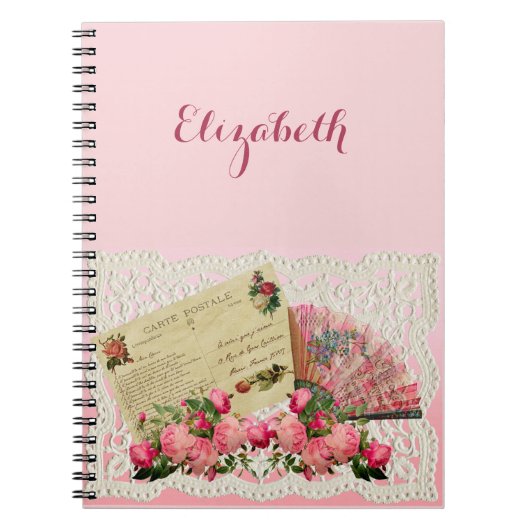 Victoriaans Briefkaart, ventilator, Roos, kant doi Notitieboek (Voorkant)
