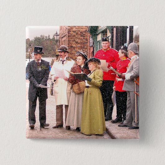 VICTORIAANS CHRISTMAS CAROL SINGERS VIERKANTE BUTTON 5,1 CM (Voorkant)