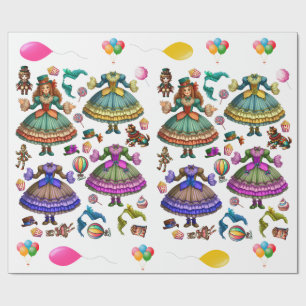 Victoriaans Circus meisje papieren pop en jurken Cadeaupapier