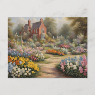 Victoriaans cottage met zomertuin met bloemen briefkaart