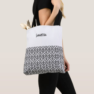 Victoriaans Damask Brocade Black White Name Draagtas