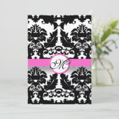 Victoriaans Damask Wedding Pink en Black Monogram Kaart (Staand voorkant)