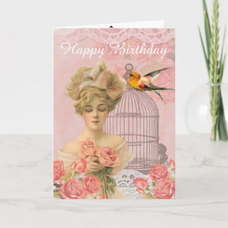 Victoriaans dame en vogelkooi. Birthday. Kaart