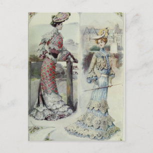 Victoriaans Dame –  Franse Mode- Blauwe Jurk Briefkaart