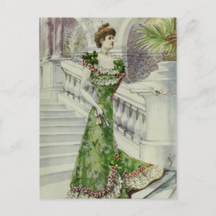 Victoriaans dame -  Franse Mode-groene dress Briefkaart