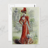 Victoriaans Dame -  Franse Mode - Red Dres Briefkaart (Voorkant / Achterkant)