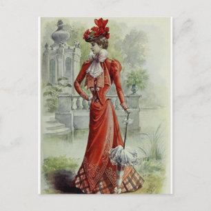 Victoriaans Dame - Franse Mode - Red Dres Briefkaart