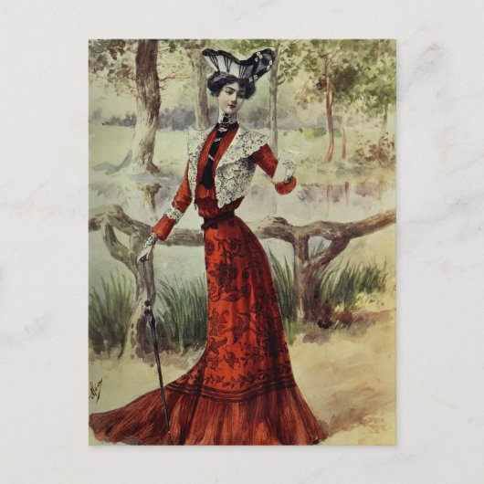 Victoriaans Dame –  Franse Mode – Rode jurk Briefkaart (Voorkant)