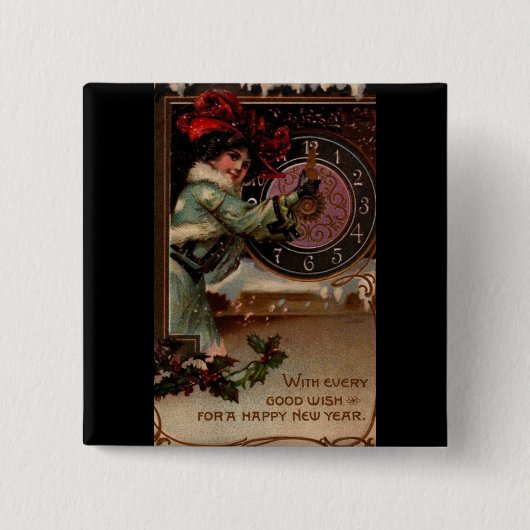 Victoriaans dame Happy Nieuwjaar Pin Button (Voorkant)