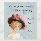 Victoriaans dame in het Pet met roze rozen Wijn Etiket (Enkel label)