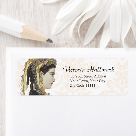  Victoriaans dame in profiel Damask Terug Etiket (Insitu)