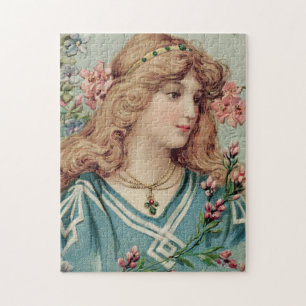 Victoriaans dame met roze bloemen in haar haar haa legpuzzel