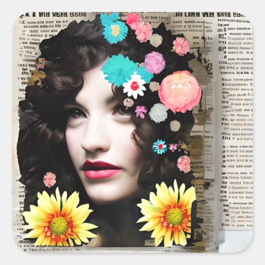 Victoriaans Dame Paper Collage Art Vierkante Sticker (Voorkant)