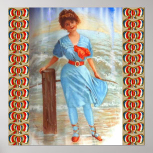 Victoriaans dame van 1890 op de strandafdruk poster