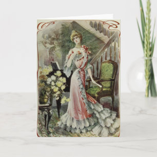 Victoriaans Dame - Vintage Franse Mode - Rode Feestdagen Kaart