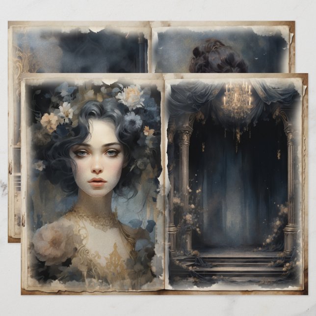 Victoriaans Dames Balkon Blauw Junk Journal Pages (Voorkant / Achterkant)