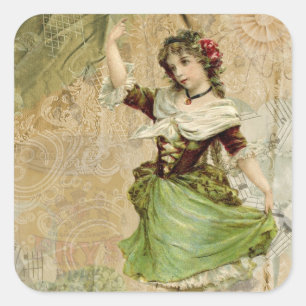 Victoriaans Dansende Girl Green Red Rose Stickers