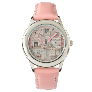 Victoriaans Dollhouse Waterverf Decor in roze tint Horloge