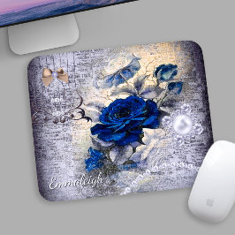 Victoriaans Donkerblauw Roos Ephemera Monogram Muismat