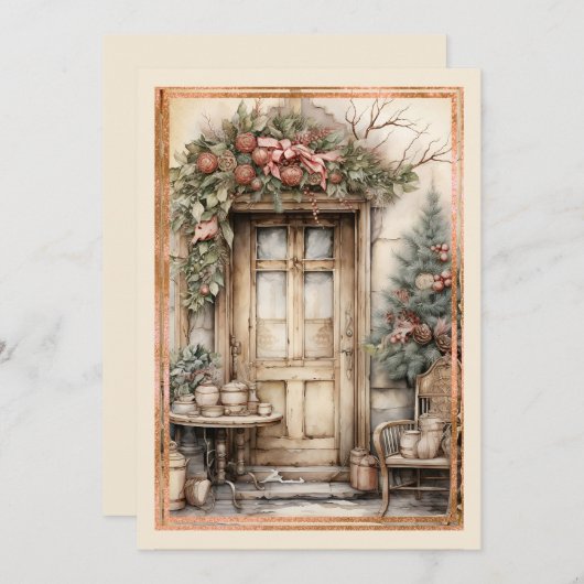 Victoriaans Door Versierd Krans Kerstmis Feestdagenkaart (Voorkant / Achterkant)