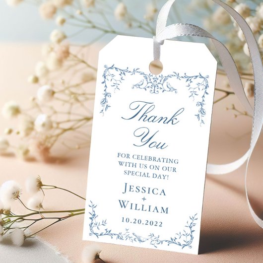 Victoriaans  Dusty Blue Floral bruiloft Cadeaulabel