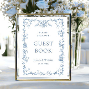 Victoriaans Dusty Blue Floral Guestbook Sign Poster