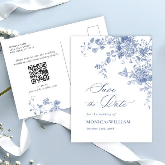 Victoriaans Dusty Blue Floral Wedding Save the Dat Briefkaart
