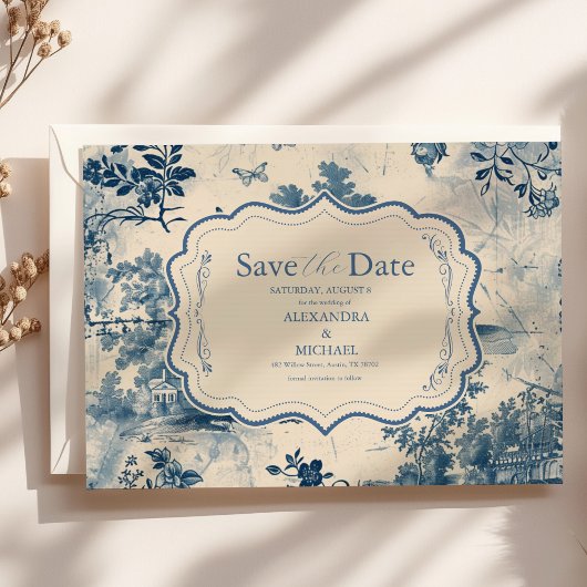 Victoriaans Dusty Blue Franse Toile Wedding Save The Date