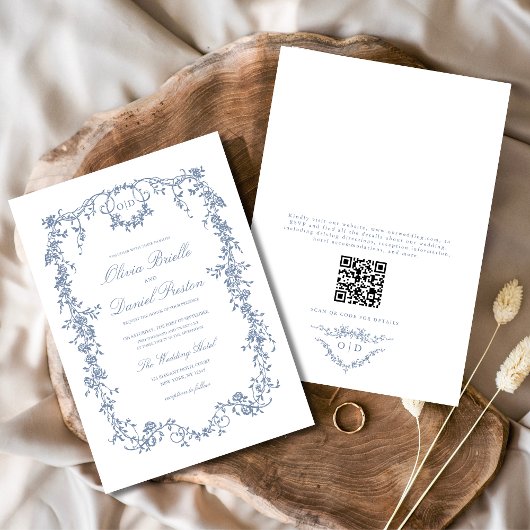 Victoriaans Dusty Blue QR Code Floral Wedding Kaart