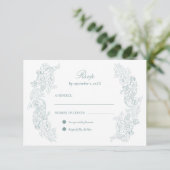 Victoriaans Dusty Blue Wedding RSVP Kaartje (Staand voorkant)