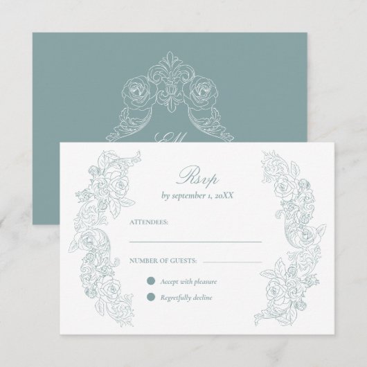 Victoriaans Dusty Blue Wedding RSVP Kaartje (Voorkant / Achterkant)