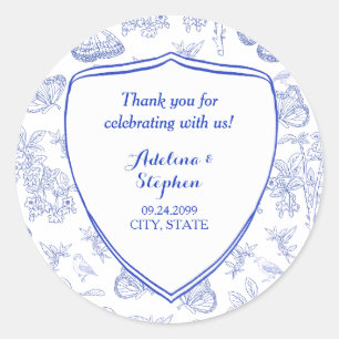  Victoriaans Elegant Crest Blue Toile Wedding Ronde Sticker