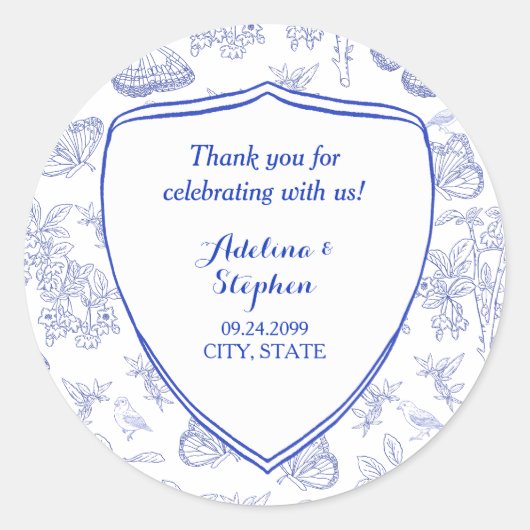 Victoriaans Elegant Crest Blue Toile Wedding Ronde Sticker (Voorkant)