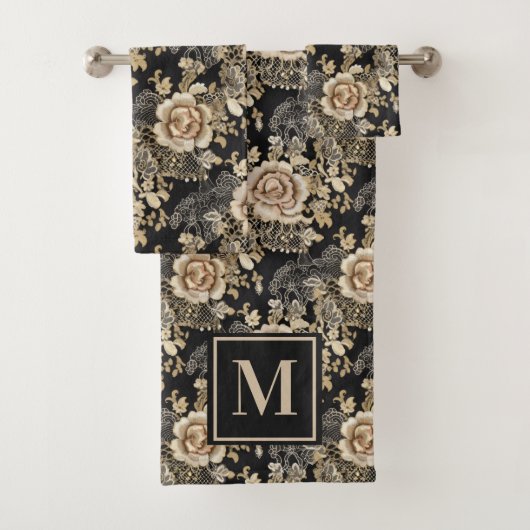 Victoriaans Elegant Rozen Zwart Monogram Bad Handdoek (Insitu)