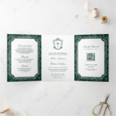 Victoriaans Emerald Green Catholic QR Code Wedding Drieluik Uitnodiging (Binnen)