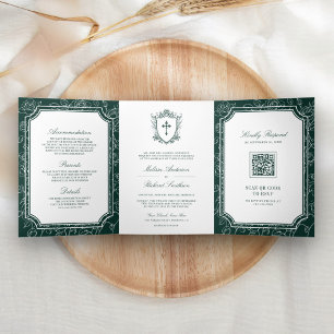 Victoriaans Emerald Green Catholic QR Code Wedding Drieluik Uitnodiging