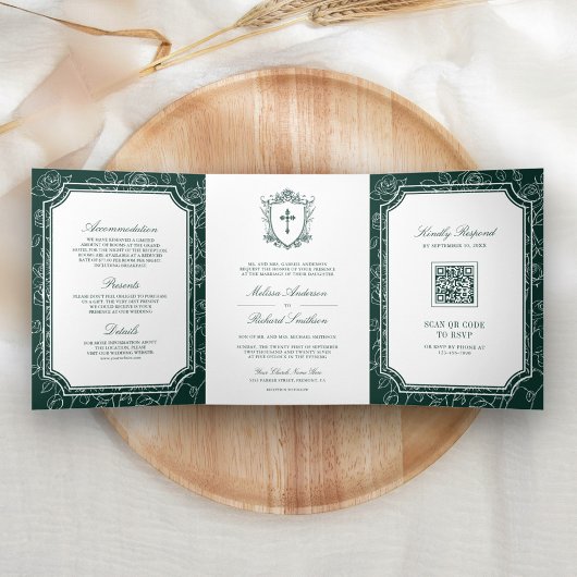 Victoriaans Emerald Green Catholic QR Code Wedding Drieluik Uitnodiging