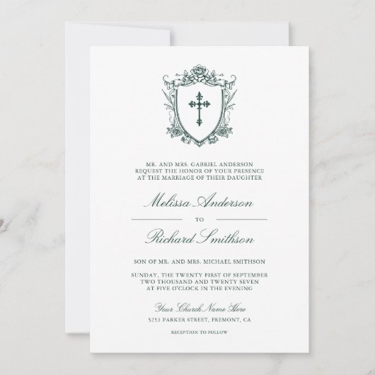 Victoriaans Emerald Green Catholic QR Code Wedding Kaart (Voorkant)