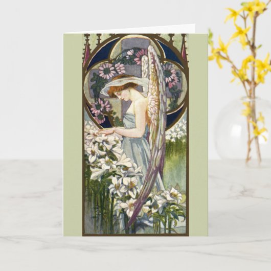 Victoriaans Engel en Paaslelie Bloemen Kaart (Gele Bloem)