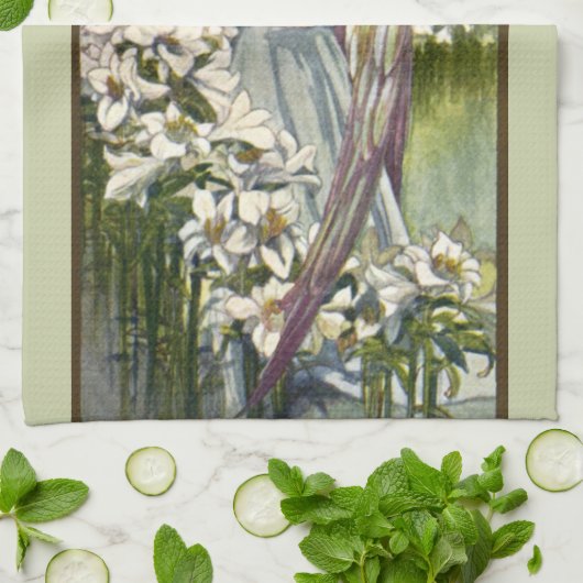 Victoriaans Engel en Paaslelie Bloemen Theedoek (Gevouwen)