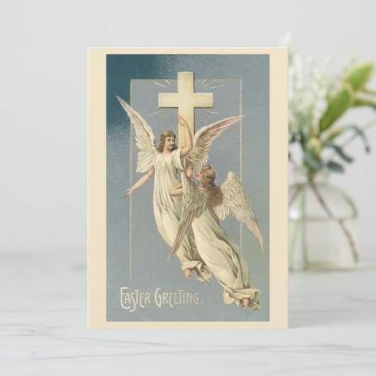 Victoriaans engelen met een kruis, Pasen Feestdagenkaart (Staand voorkant)