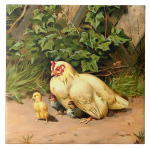 Victoriaans Era Hen & Baby Chickens door L. Prang Tegeltje